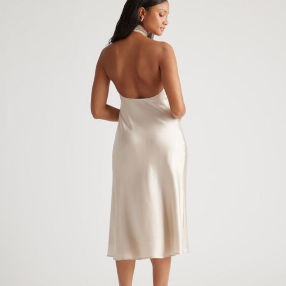 NEW Quince Silk Stretch Washable Twist Halter Midi Backless Dress Cream Size L - Picture 8 of 14